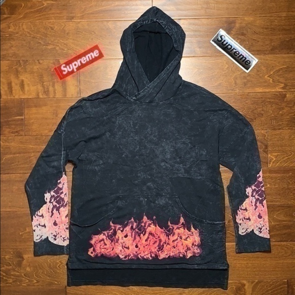 vintage 1990s graphic flames hoodie fire all over graphic faded luxury designer